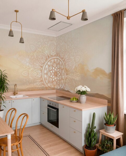 Tapet Design mandala simetric texturat care acoperă un peisaj cu mare, dealuri și cer, culori pastelate delicate, Fototapet Boho, w09491 : Uwalls.ro