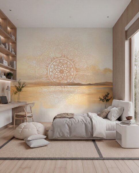 Tapet Design mandala simetric texturat care acoperă un peisaj cu mare, dealuri și cer, culori pastelate delicate, Fototapet Boho, w09491 : Uwalls.ro