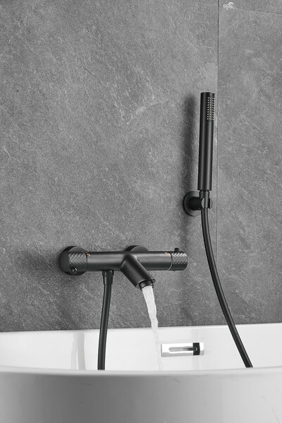Gamma Roy, baterie termostatică pentru cadă cu set de duș manual, negru mat, GMA-BRYPWT-BK