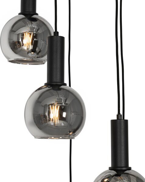 Lampă suspendată Art Deco neagră cu sticlă fumurie rotundă cu 5 lumini - Josje