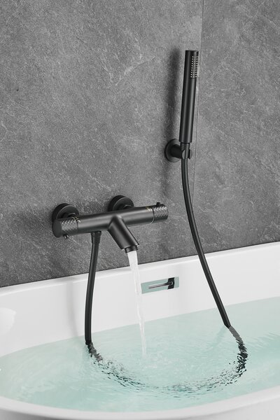 Gamma Roy, baterie termostatică pentru cadă cu set de duș manual, negru mat, GMA-BRYPWT-BK