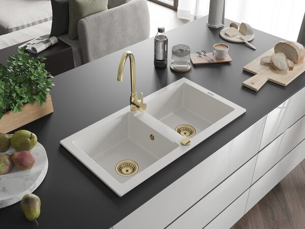 Mexen Mario, chiuveta granit 820x436x161 mm, 2 camere, alb cu sifon auriu, 6504822000-20-G