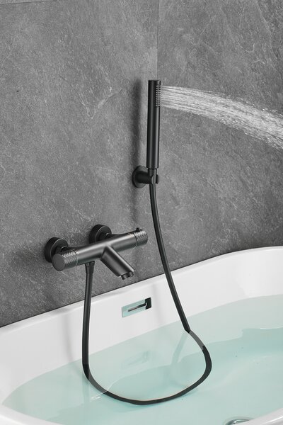 Gamma Roy, baterie termostatică pentru cadă cu set de duș manual, negru mat, GMA-BRYPWT-BK