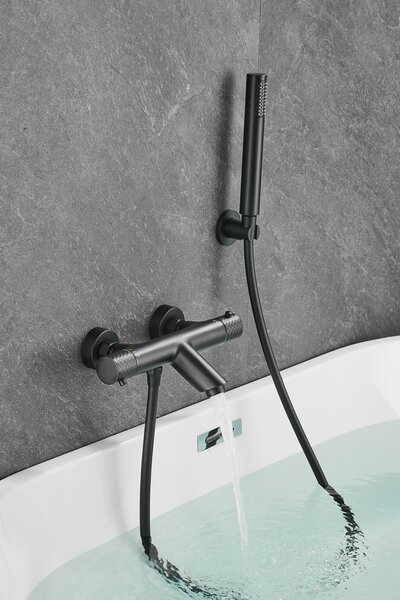 Gamma Roy, baterie termostatică pentru cadă cu set de duș manual, negru mat, GMA-BRYPWT-BK