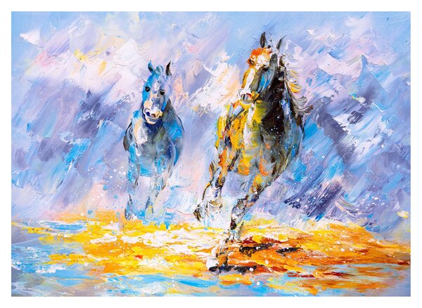 Tablou pe sticlă - Caii alergând, pictură în ulei (70x50 cm)
