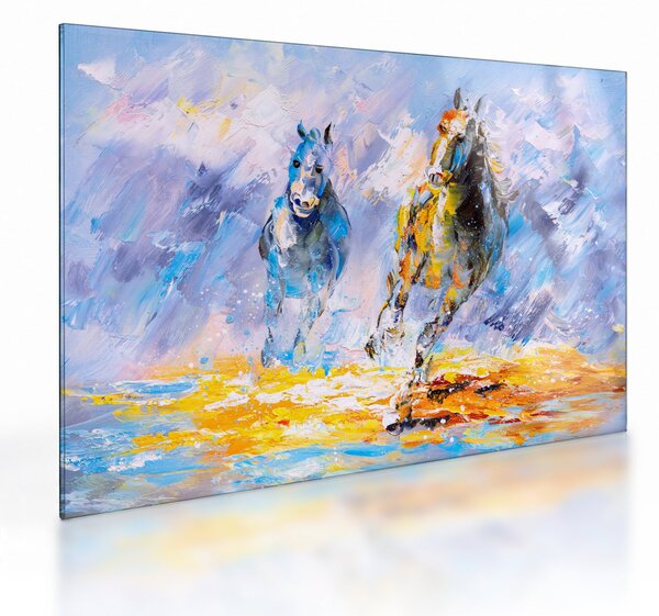Tablou pe sticlă - Caii alergând, pictură în ulei (70x50 cm)