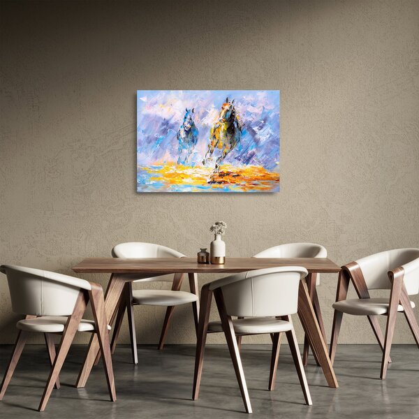 Tablou pe sticlă - Caii alergând, pictură în ulei (70x50 cm)