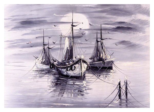 Tablou pe sticlă - Port marin, pictură în ulei (70x50 cm)
