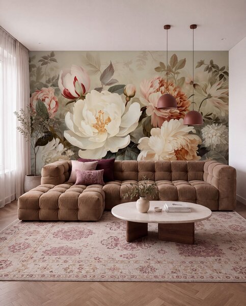 Tapet Bujori și crizanteme delicate în nuanțe pastelate, Fototapet Flori, w09350 : Uwalls.ro