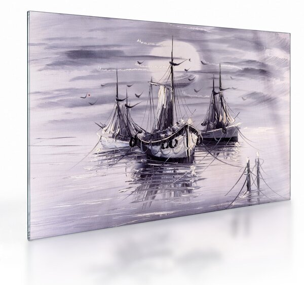 Tablou pe sticlă - Port marin, pictură în ulei (70x50 cm)