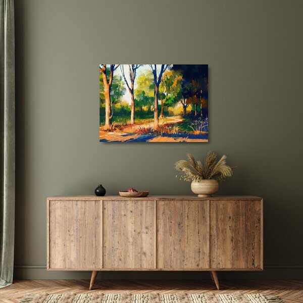 Tablou pe sticlă - Pădure de vară însorită, pictură (70x50 cm)