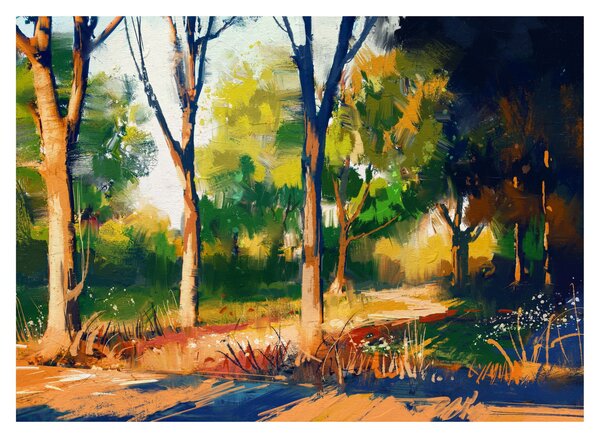 Tablou pe sticlă - Pădure de vară însorită, pictură (70x50 cm)
