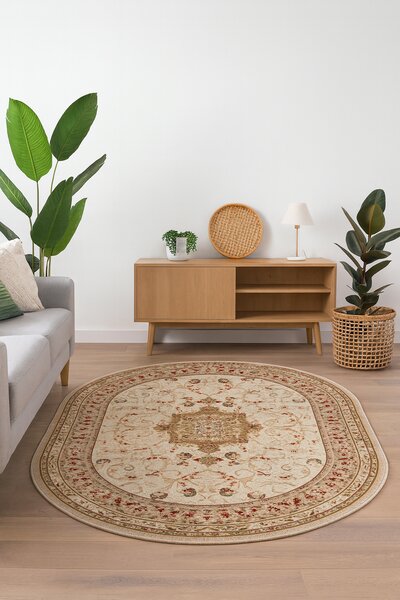 Covor Clasi Sufragerie, Model Lotos 523 100, Bej Crem, Oval Oval, 60x110