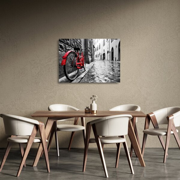 Tablou pe sticlă - Bicicleta roșie pe o stradă pavată (70x50 cm)