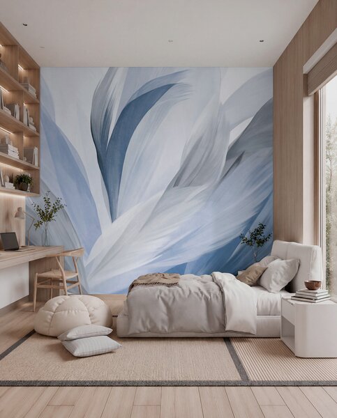 Tapet Pene abstracte texturate în albastru, alb și gri și diverse nuanțe, suprapuse pe un fundal alb, Fototapet Abstract, w09531v1 : Uwalls.ro