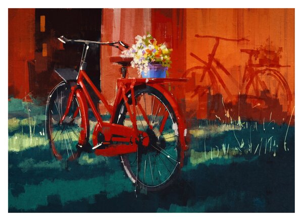Tablou pe sticlă - Bicicleta roșie, pictură acrilică (70x50 cm)