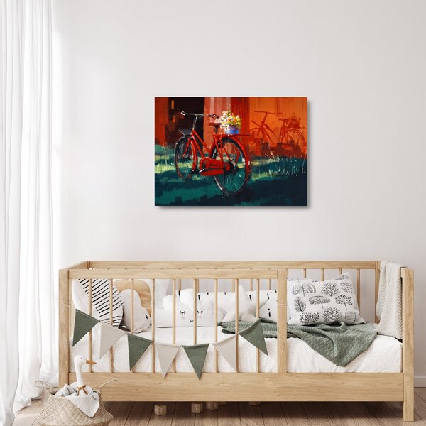 Tablou pe sticlă - Bicicleta roșie, pictură acrilică (70x50 cm)