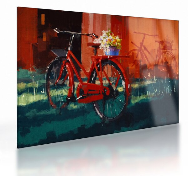 Tablou pe sticlă - Bicicleta roșie, pictură acrilică (70x50 cm)