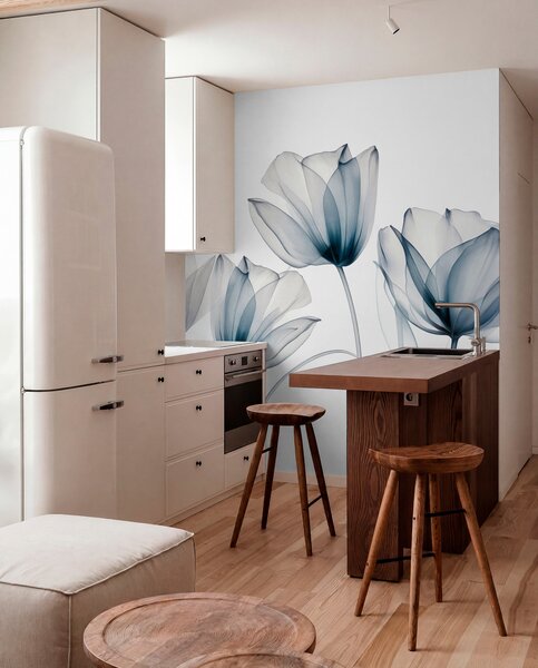 Tapet Flori de lalea albastre și albe translucide, cu tulpini lungi, pe fundal deschis, artă florală delicată, Fototapet Modern, w09538 : Uwalls.ro