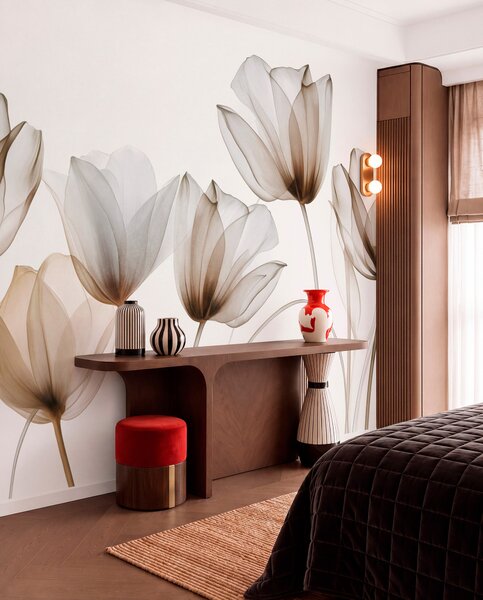 Tapet Flori de lalea translucide, maro și albe, cu tulpini lungi, pe fundal deschis, artă florală delicată și, Fototapet Modern, w09538v1 : Uwalls.ro