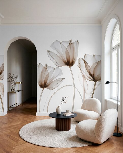 Tapet Flori de lalea translucide, maro și albe, cu tulpini lungi, pe fundal deschis, artă florală delicată și, Fototapet Modern, w09538v1 : Uwalls.ro