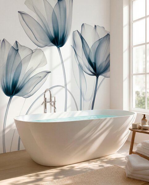 Tapet Flori de lalea albastre și albe translucide, cu tulpini lungi, pe fundal deschis, artă florală delicată, Fototapet Modern, w09538 : Uwalls.ro