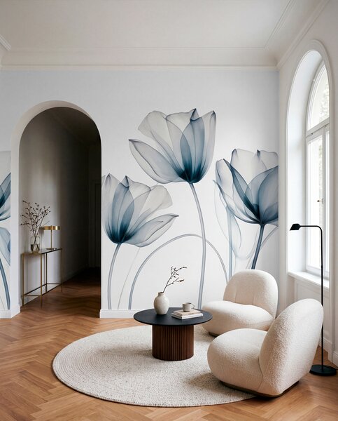 Tapet Flori de lalea albastre și albe translucide, cu tulpini lungi, pe fundal deschis, artă florală delicată, Fototapet Modern, w09538 : Uwalls.ro