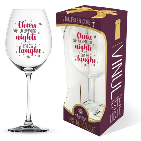 Pahar pentru vin, mesaj amuzant "Cheers to sparkling nights and endless laughs"