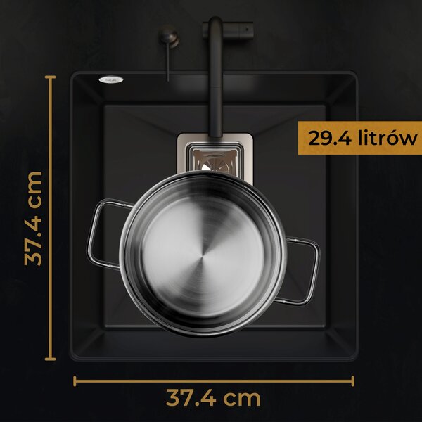 SINK Quality Chiuveta Quality Argon 50, chiuveta granit bucatarie 420x420x225 mm + sifon crom, pete negre-Brocart, SKQ-ARG.B.1KBO.50.X