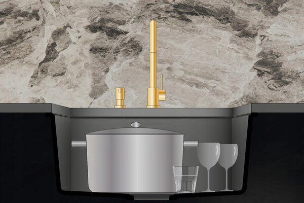 SINK Quality Chiuveta Quality Argon 50, chiuveta granit bucatarie 420x420x225 mm + sifon crom, pete negre-Brocart, SKQ-ARG.B.1KBO.50.X