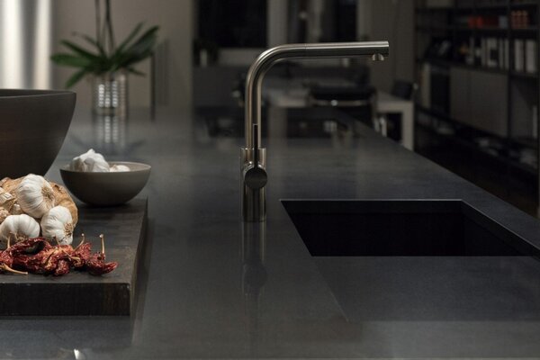 SINK Quality Chiuveta Quality Argon 50, chiuveta granit bucatarie 420x420x225 mm + sifon crom, pete negre-Brocart, SKQ-ARG.B.1KBO.50.X
