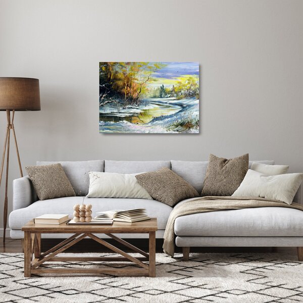 Tablou pe sticlă - Râu de iarnă, pictură în ulei (70x50 cm)