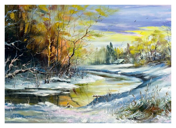 Tablou pe sticlă - Râu de iarnă, pictură în ulei (70x50 cm)