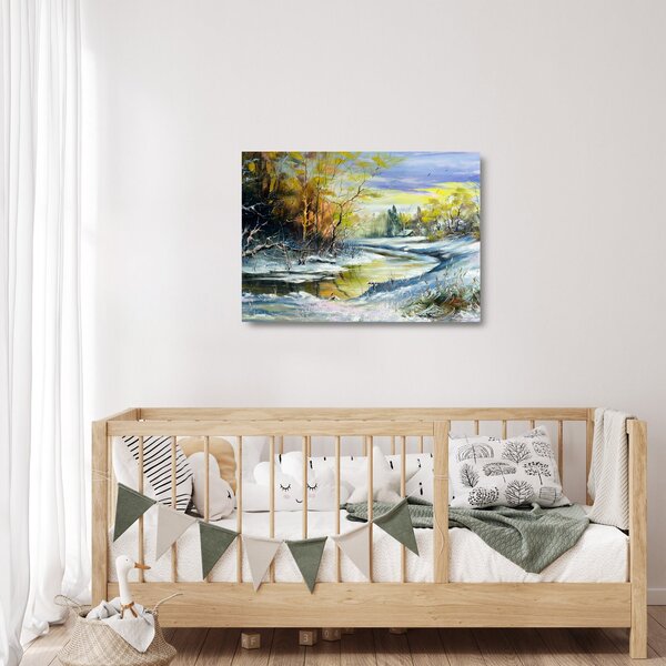 Tablou pe sticlă - Râu de iarnă, pictură în ulei (70x50 cm)