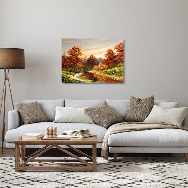 Tablou pe sticlă - Râu în peisaj de toamnă (70x50 cm)