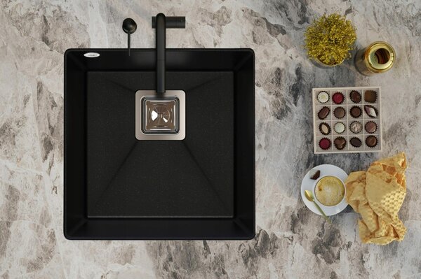 SINK Quality Chiuveta Quality Argon 50, chiuveta granit bucatarie 420x420x225 mm + sifon crom, alb, SKQ-ARG.W.1KBO.50.X