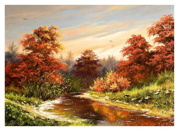 Tablou pe sticlă - Râu în peisaj de toamnă (70x50 cm)