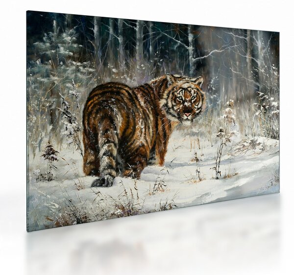 Tablou pe sticlă - Tigru într-o pădure înzăpezită, pictură în ulei (70x50 cm)