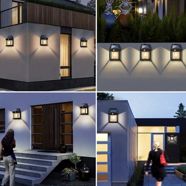 Lampă solară LED de perete Pufo cu senzor de mișcare, iluminat exterior pentru curte, grădină și terasă