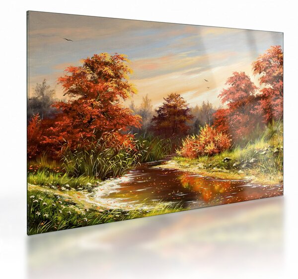 Tablou pe sticlă - Râu în peisaj de toamnă (70x50 cm)