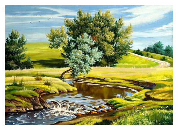 Tablou pe sticlă - Râu între câmpii, pictură în ulei (70x50 cm)