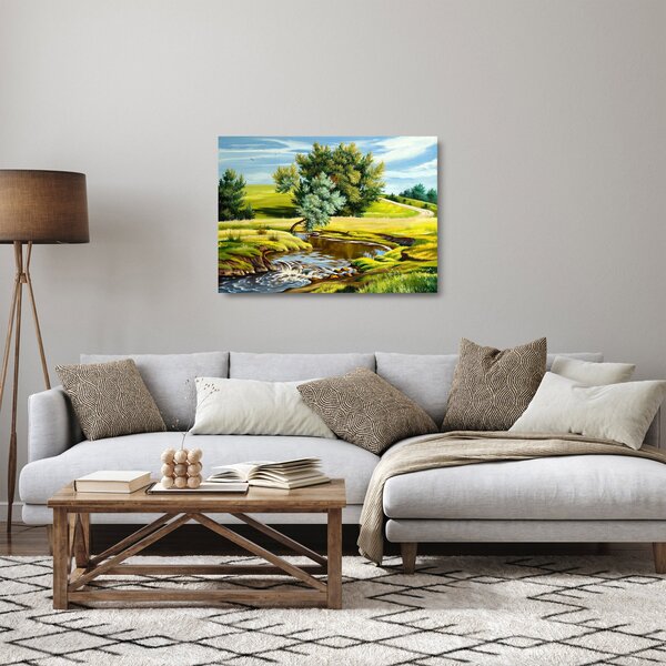 Tablou pe sticlă - Râu între câmpii, pictură în ulei (70x50 cm)