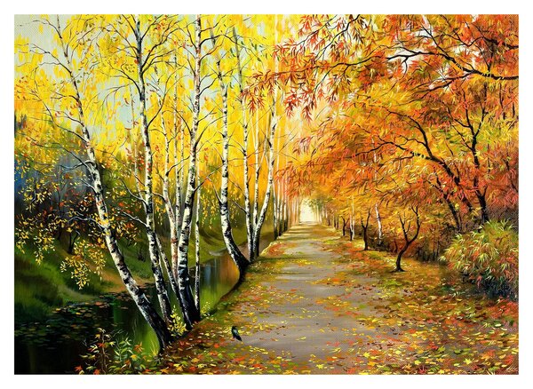 Tablou pe sticlă - Alee romantică de-a lungul apei, pictură în ulei (70x50 cm)