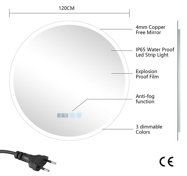 Erga Deam, oglinda rotunda LED 120cm, 3 culori de lumina, iluminare frontala, placa de incalzire anti-aburire, ERG-V01-Deam-1212-CL