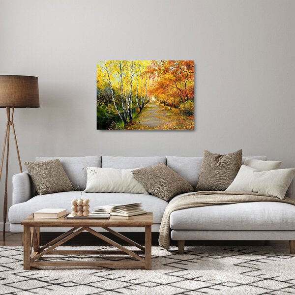 Tablou pe sticlă - Alee romantică de-a lungul apei, pictură în ulei (70x50 cm)