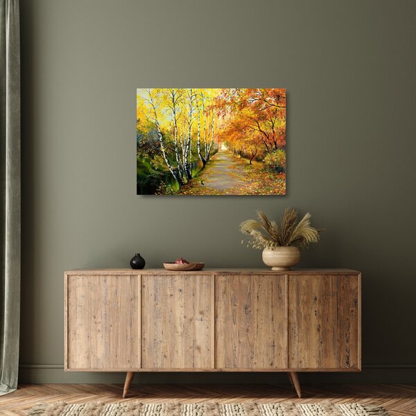 Tablou pe sticlă - Alee romantică de-a lungul apei, pictură în ulei (70x50 cm)