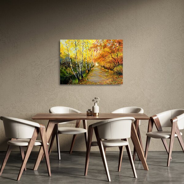 Tablou pe sticlă - Alee romantică de-a lungul apei, pictură în ulei (70x50 cm)