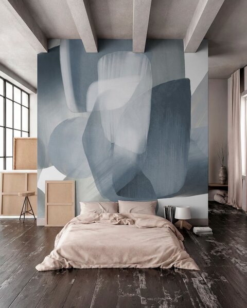Tapet Forme abstracte texturate în culori discrete de albastru și gri, cu margini moi și straturi suprapuse, Fototapet Abstract, w09642v1 : Uwalls.ro