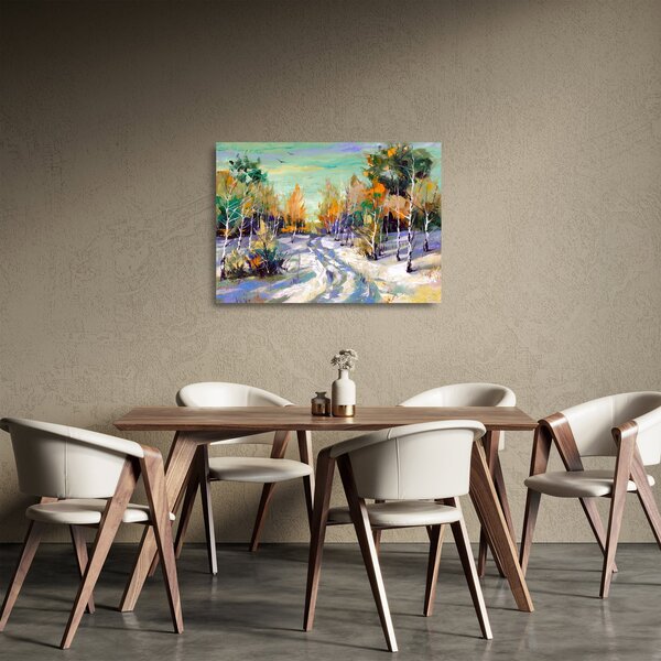 Tablou pe sticlă - Drum înzăpezit prin pădure (70x50 cm)