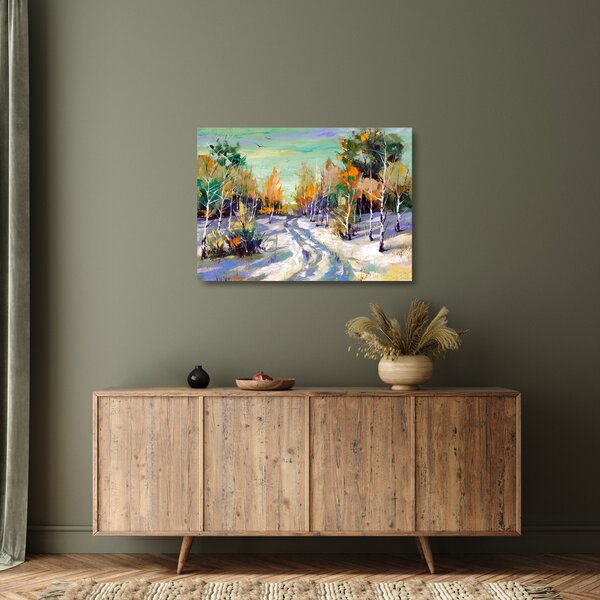 Tablou pe sticlă - Drum înzăpezit prin pădure (70x50 cm)